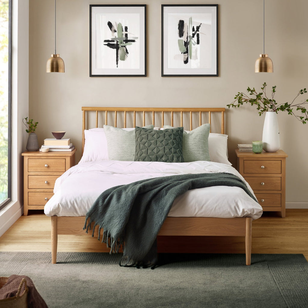 Label Solid Oak Spindle King Size Bed Frame in a bedroom
