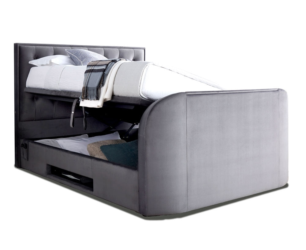 Lapwing Velvet Grey King Size Ottoman TV Bed Frame