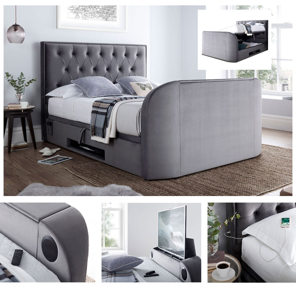 Lapwing Velvet Grey King Size Ottoman TV Bed Frame