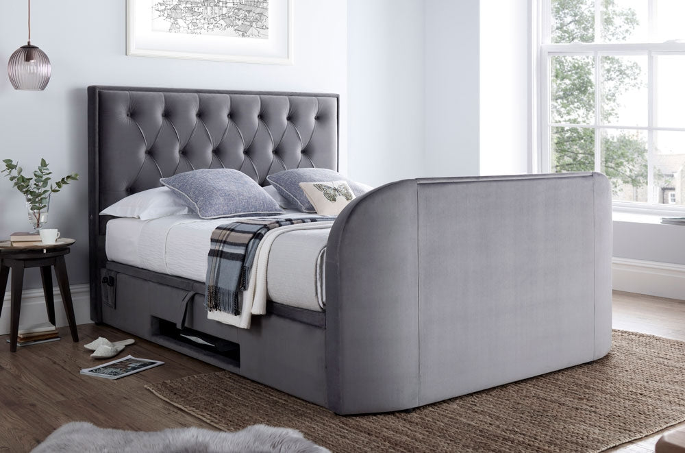 Lapwing Velvet Grey King Size Ottoman TV Bed Frame