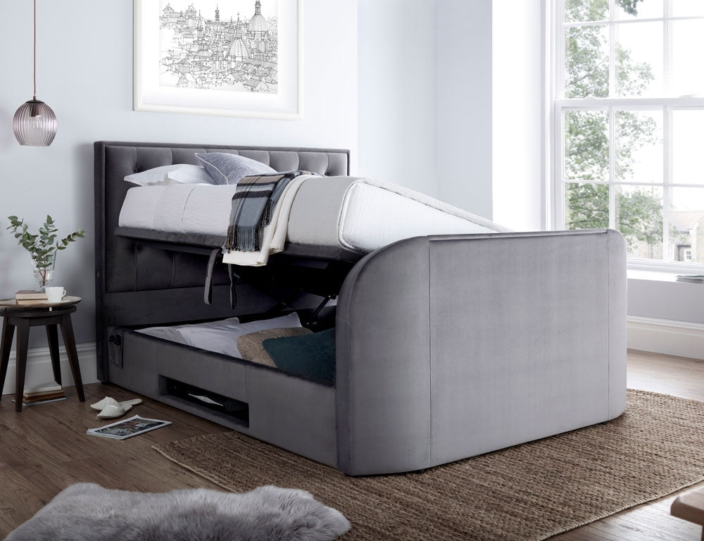 Lapwing Velvet Grey Double Ottoman TV Bed Frame