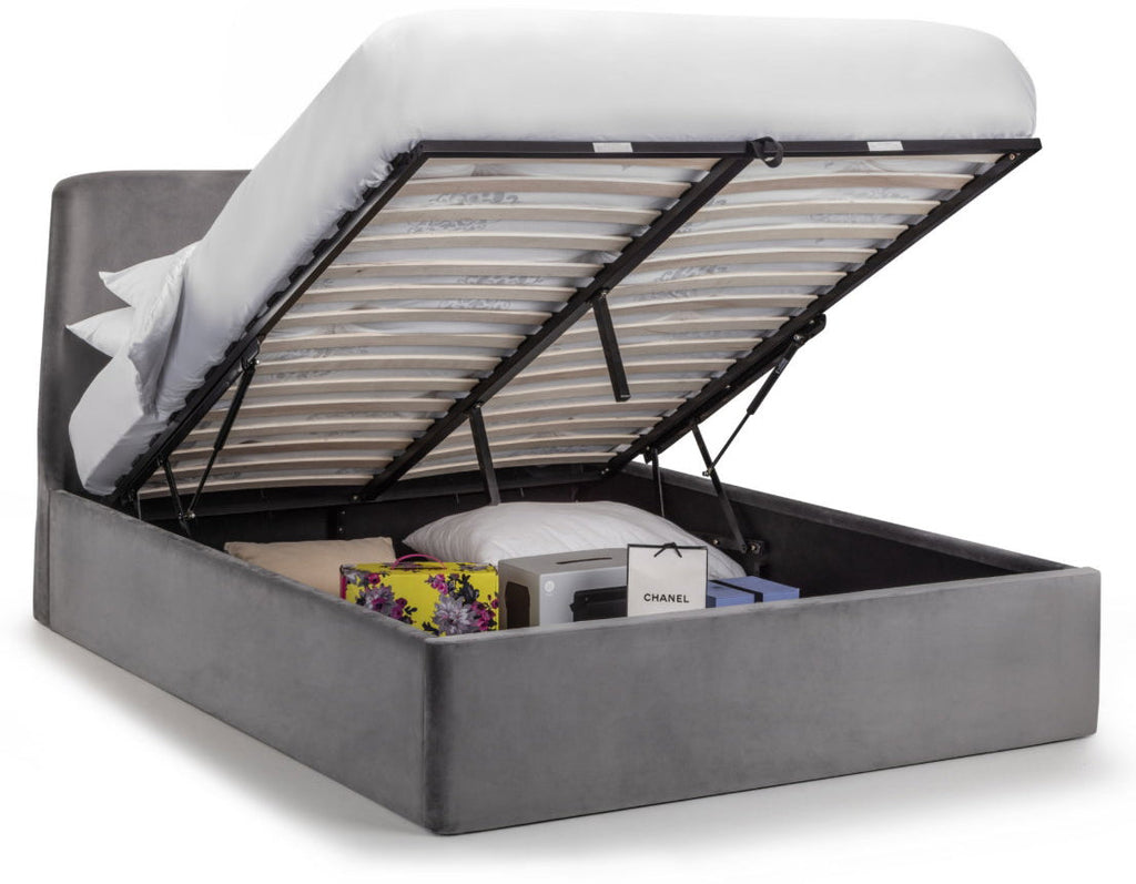 Luigia Grey Velvet King Size Ottoman Bed with storage open
