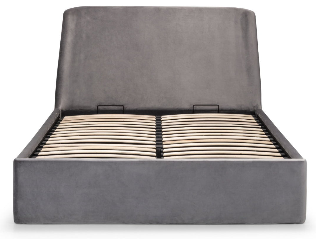 Luigia Grey Velvet King Size Ottoman Bed front view