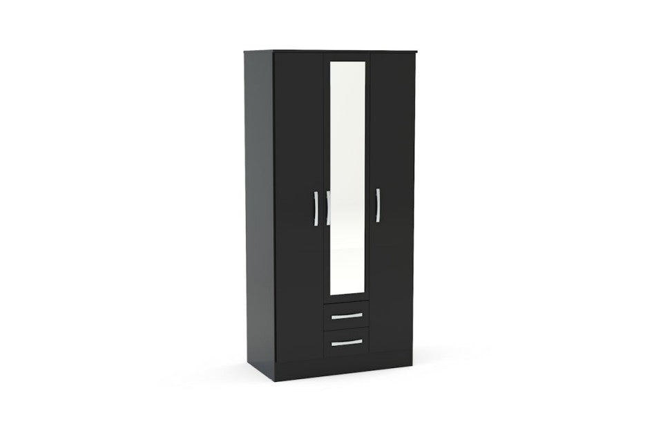Links High Gloss Black 3 Door 2 Drawer Wardrobe With Mirror