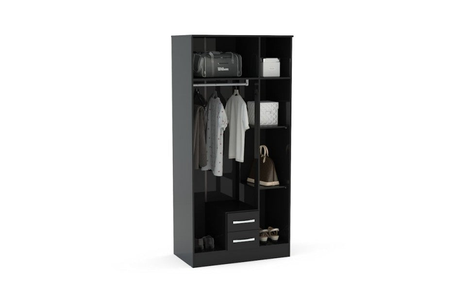 Links High Gloss Black 3 Door 2 Drawer Wardrobe With Mirror