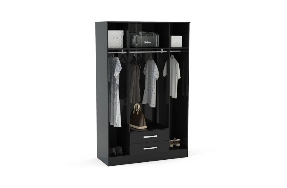 Links High Gloss Black 4 Door 2 Drawer Wardrobe With Mirror