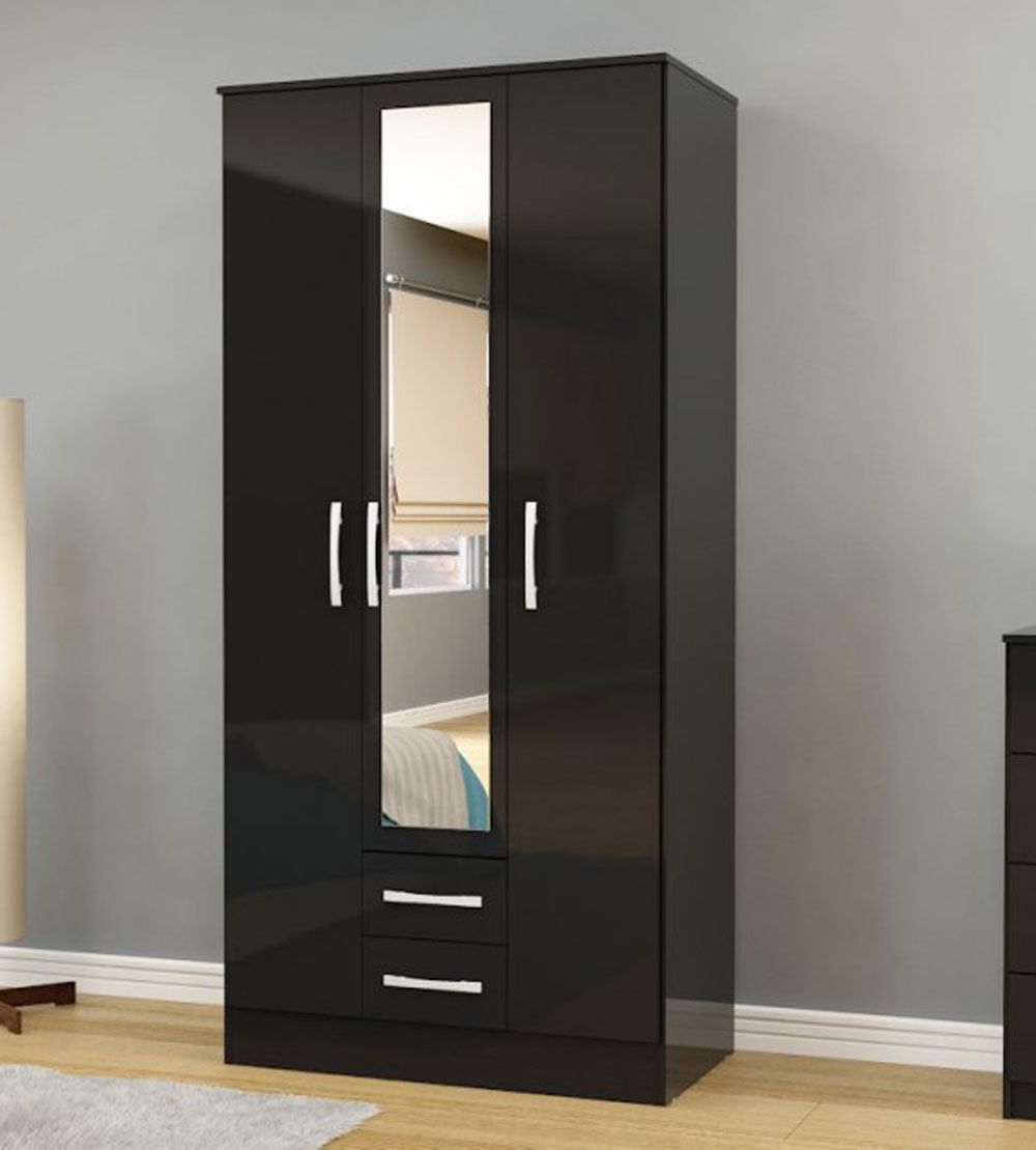 Links High Gloss Black 3 Door 2 Drawer Wardrobe With Mirror