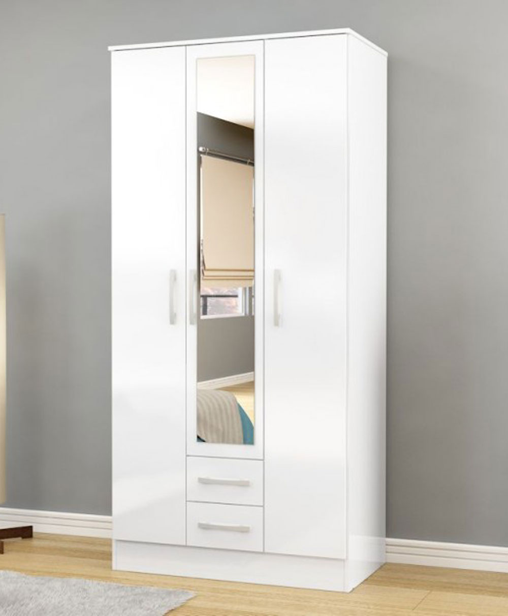Links High Gloss White 3 Door 2 Drawer Wardrobe With Mirror
