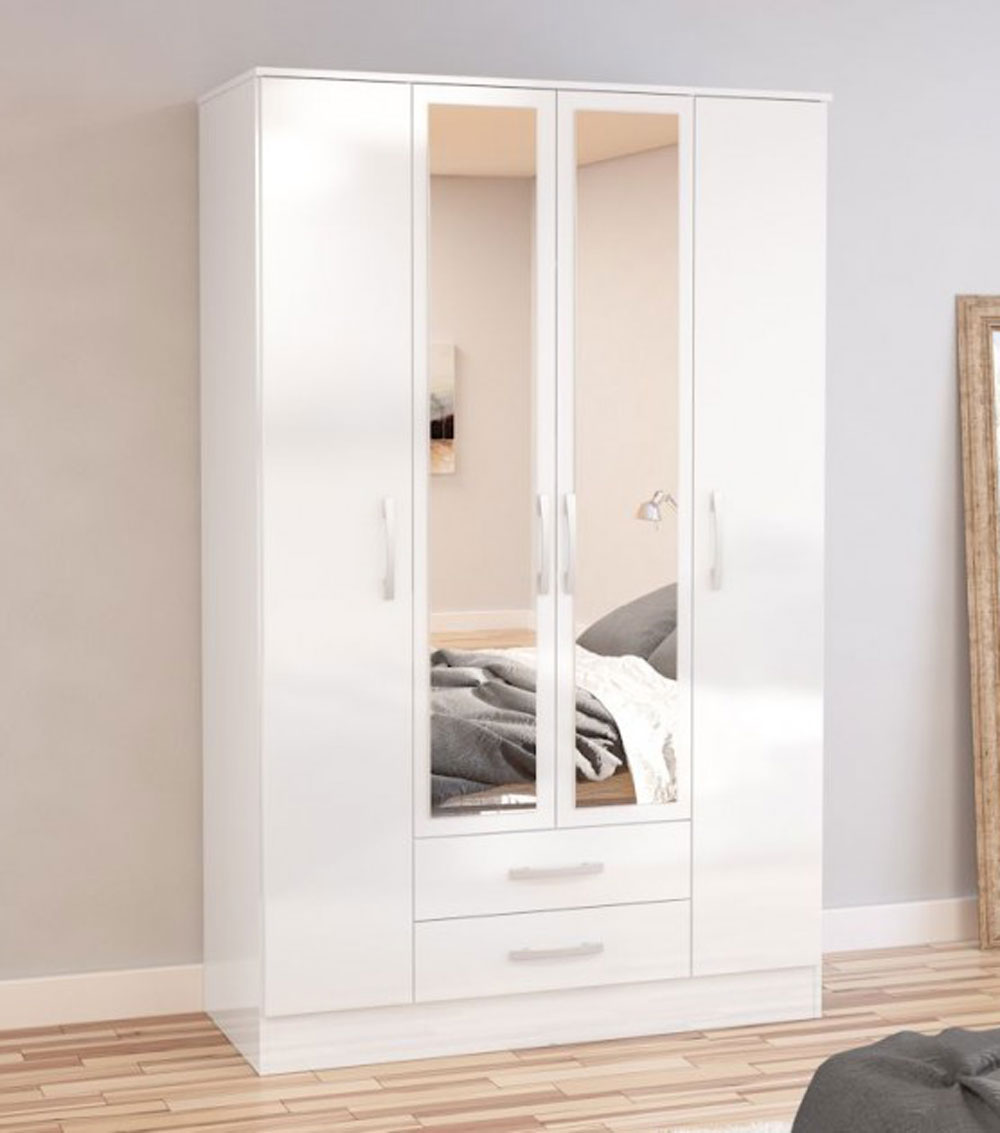 Links High Gloss White 4 Door 2 Drawer Wardrobe With Mirror