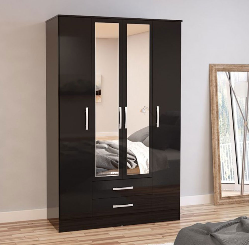 Links High Gloss Black 4 Door 2 Drawer Wardrobe With Mirror