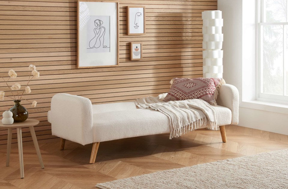 Michelle Sofa Bed Boucle White with throw