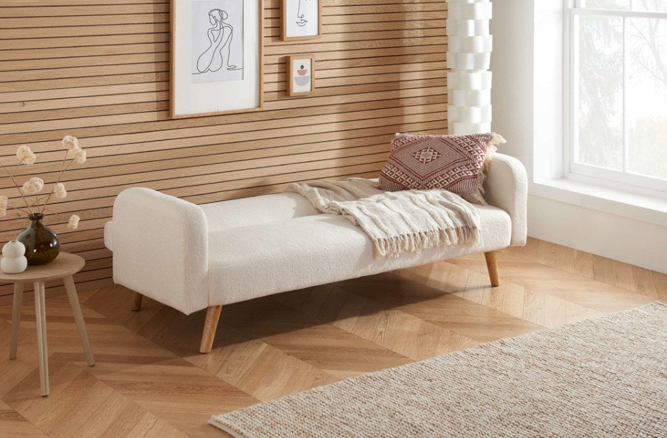 Michelle Sofa Bed Boucle White opened as a bed