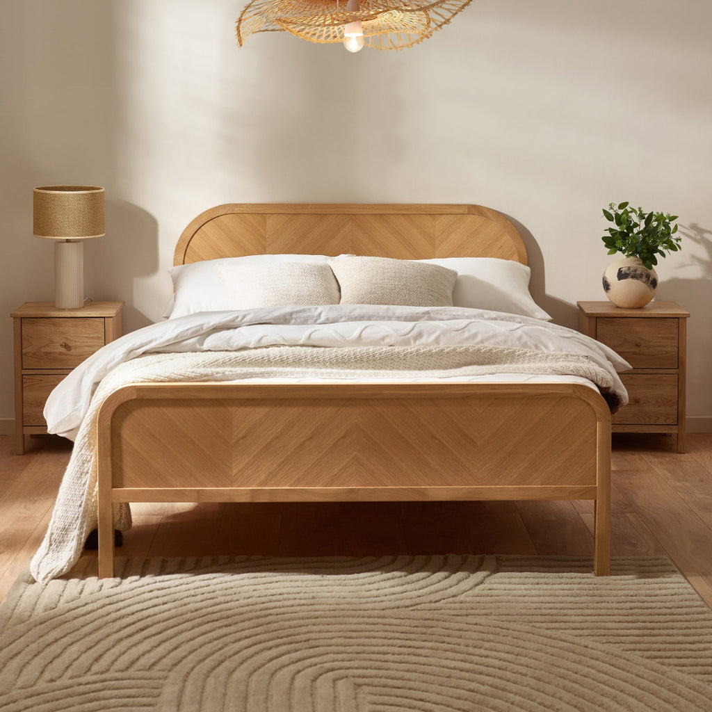 Mylon Oak Chevron Double Bed Frame in a bedroom