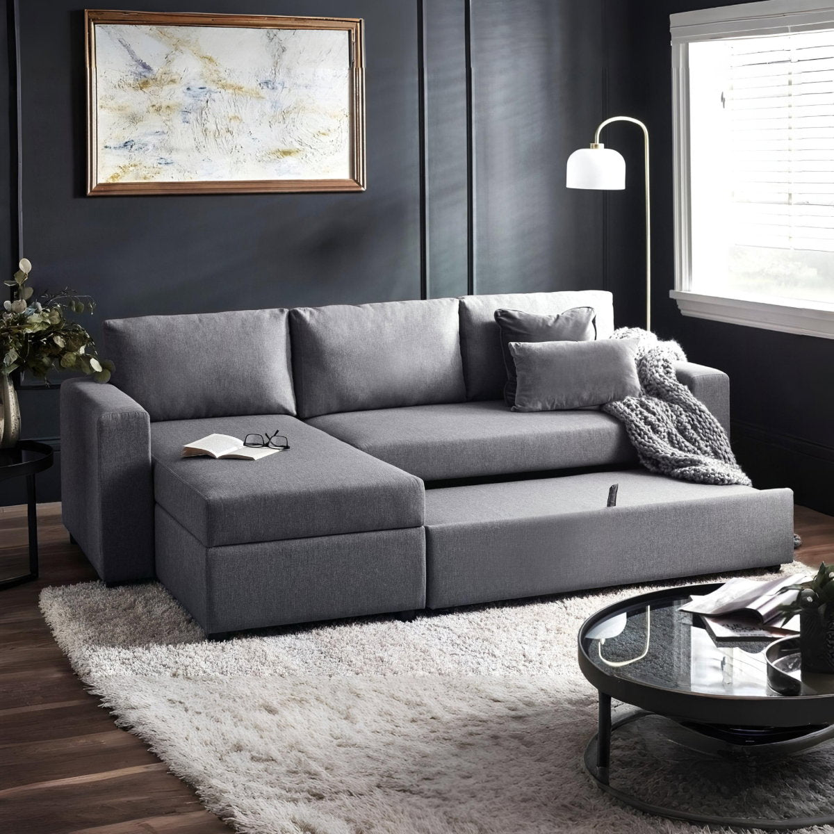 Pablo Corner Sofa Bed with Storage Light Grey