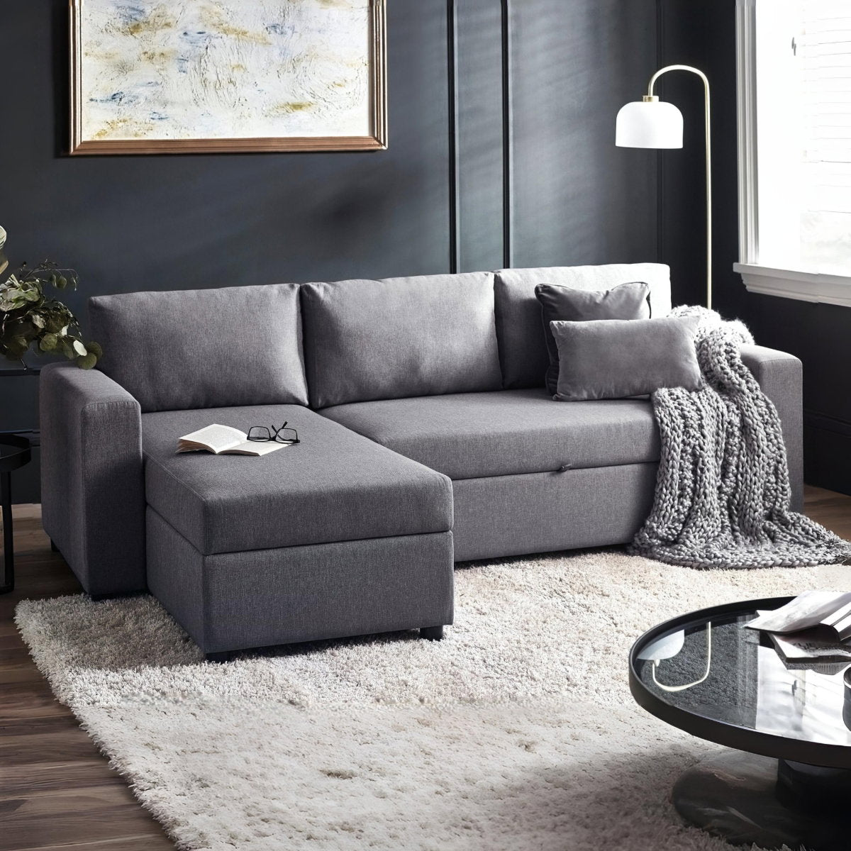 Pablo Corner Sofa Bed with Storage Light Grey
