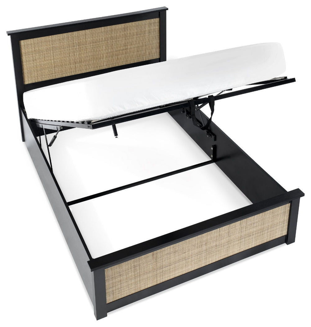 Paddy Black Rattan Double Ottoman Bed with storage open