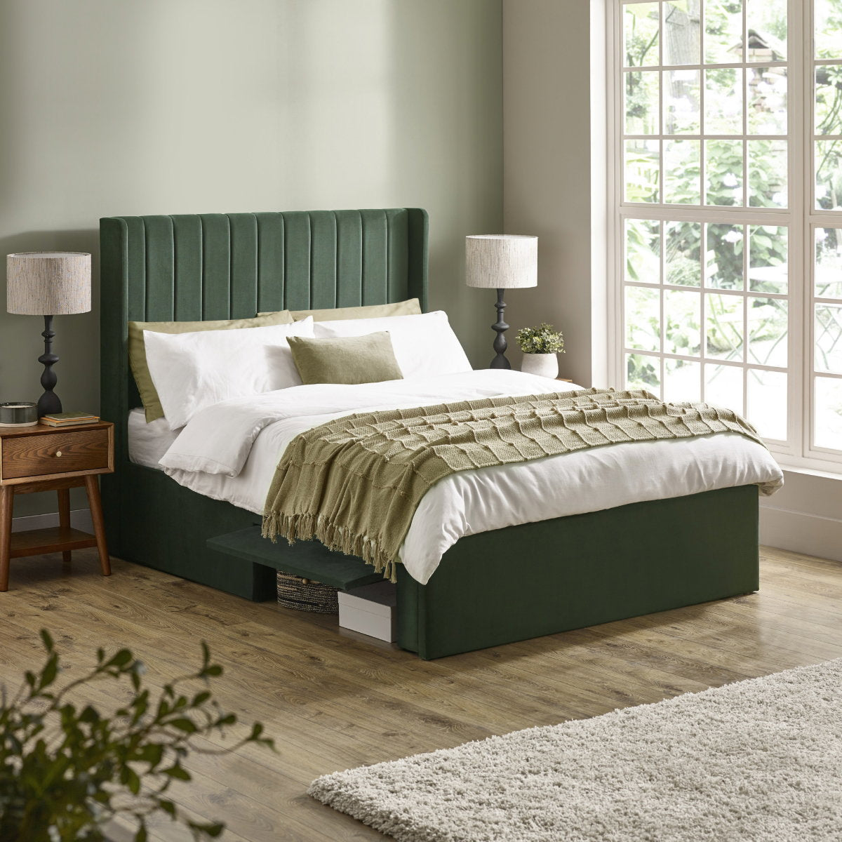 Passalacqua Bottle Green King Size Bed Frame in a bedroom