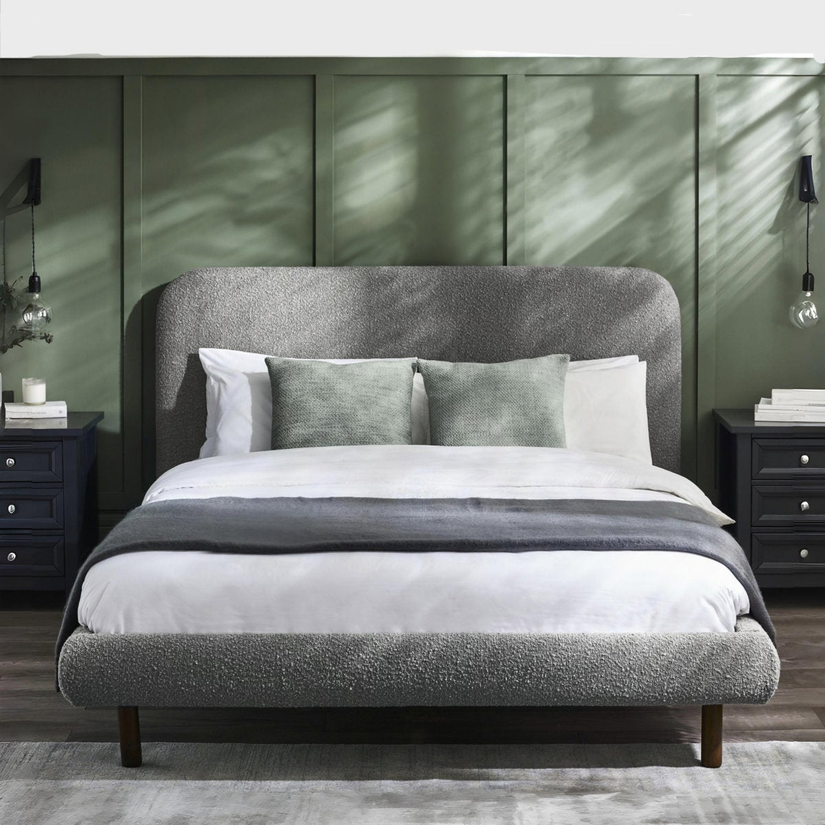 Patina Grey Boucle Double Bed Frame in a bedroom