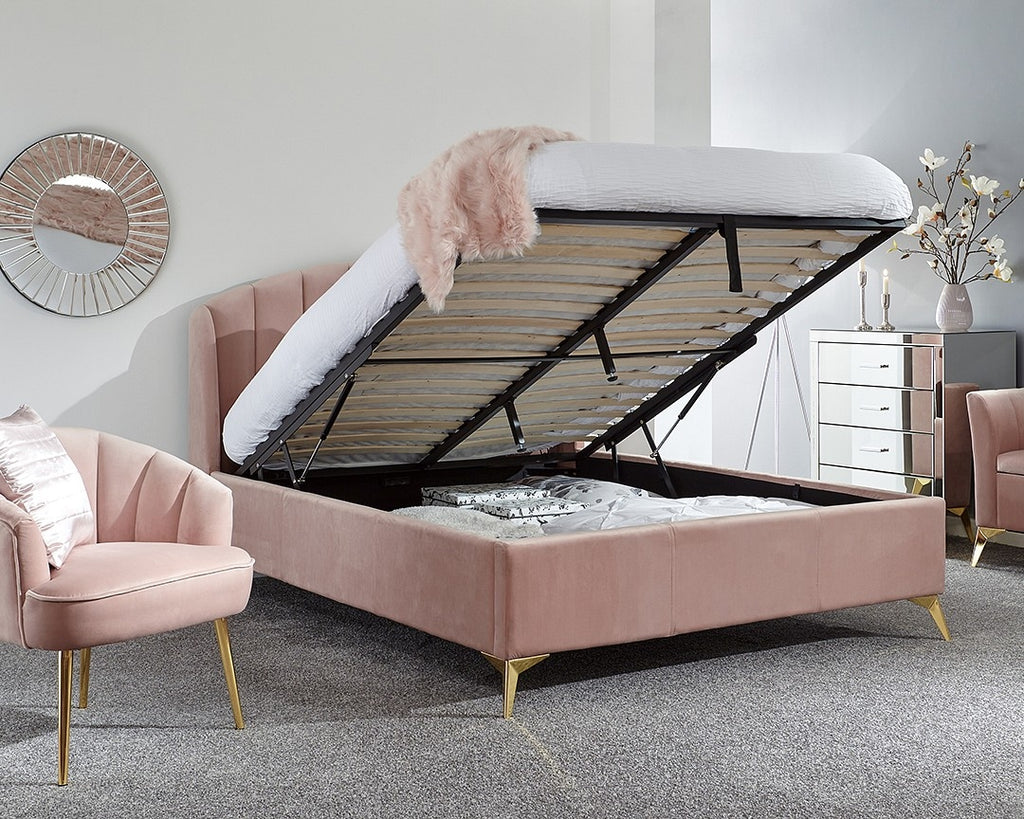 Petal Plush Pink King Size Ottoman Bed Frame