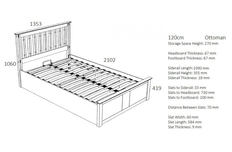 Flame White Three Quarter Ottoman Storage Bed Frame