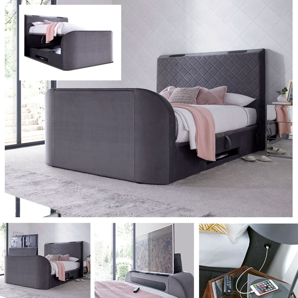 Piper Velvet Grey King Size Ottoman TV Bed Frame