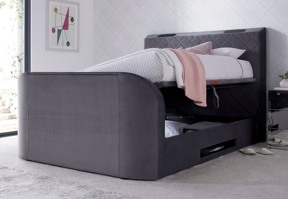 Piper Velvet Grey Double Ottoman TV Bed Frame