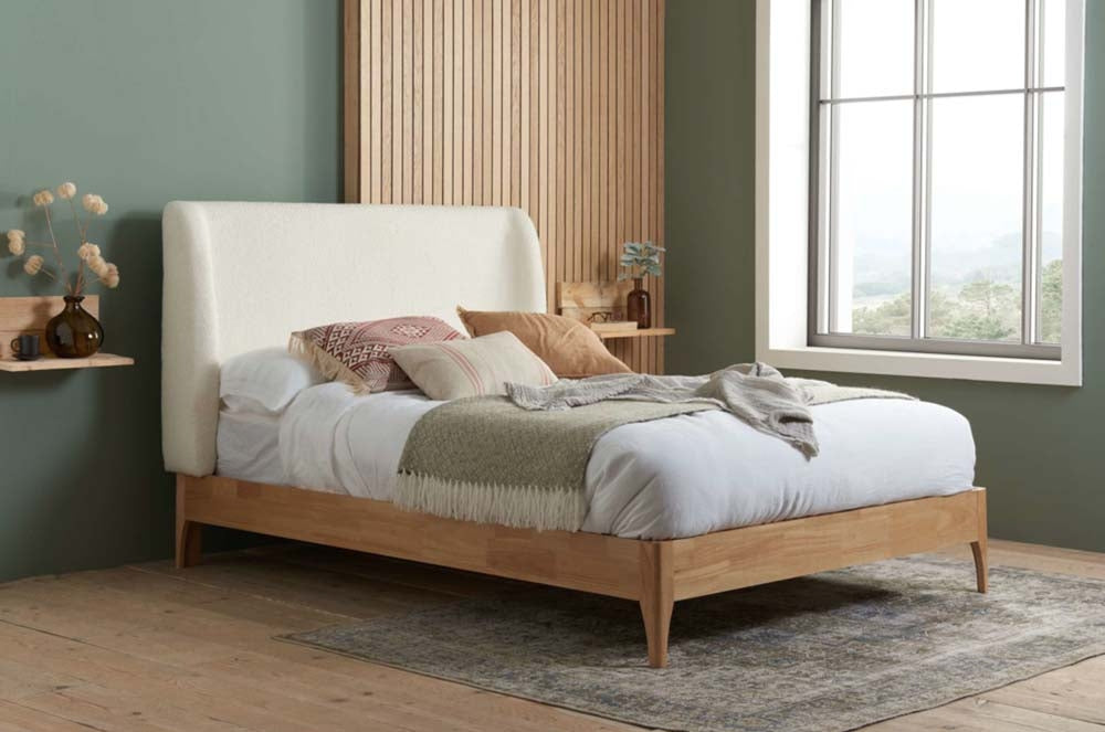 Halfren White Boucle Winged King Size Bed Frame