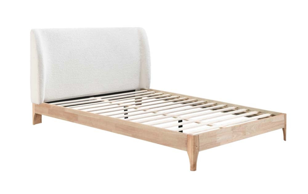 Halfren White Boucle Winged King Size Bed Frame
