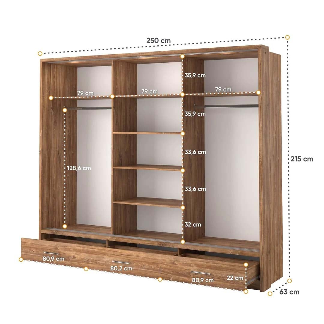 Sheffield Oak Sliding Door Wardrobe 250cm With Lights