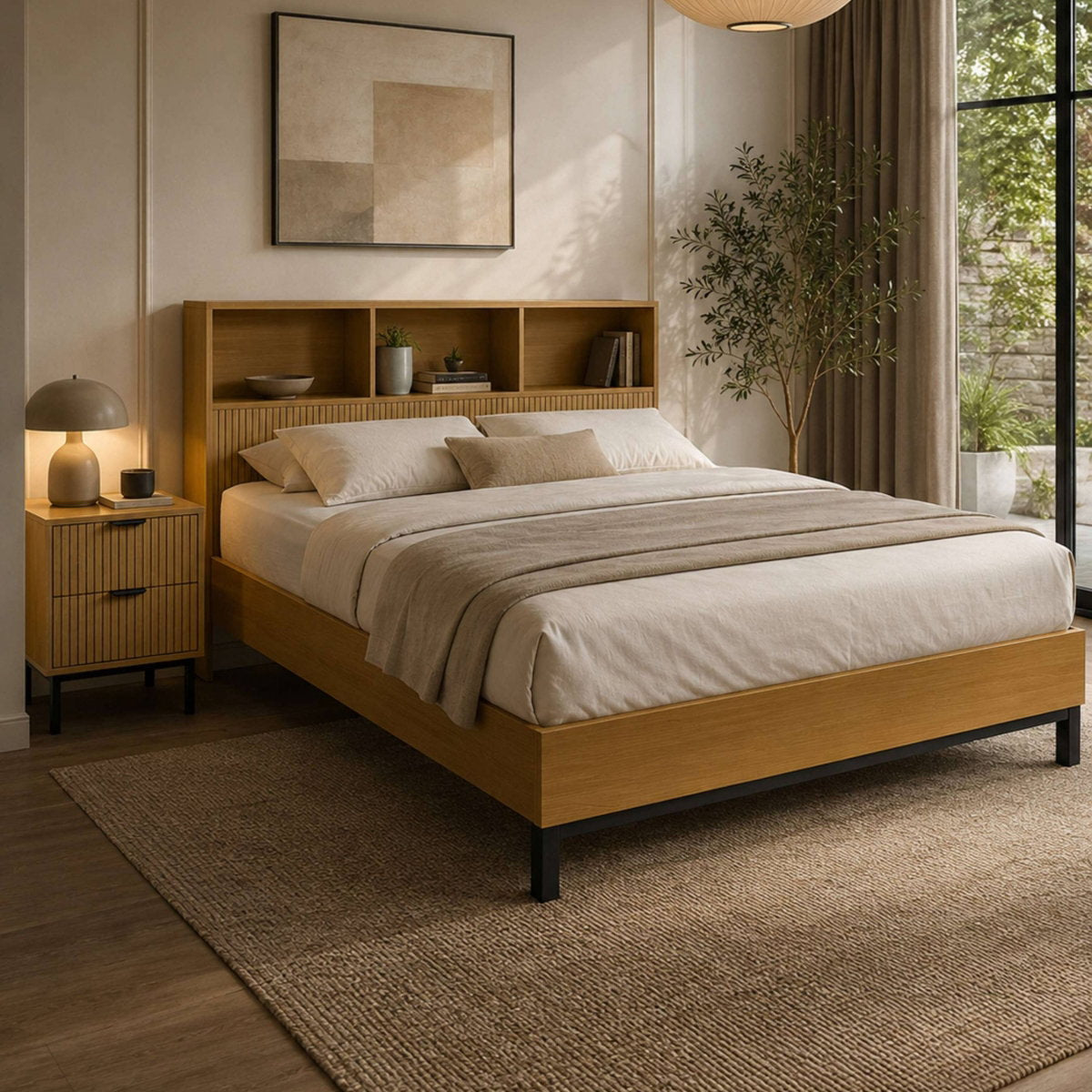 Sian Bookcase Oak Effect Double Bed Frame in a bedroom