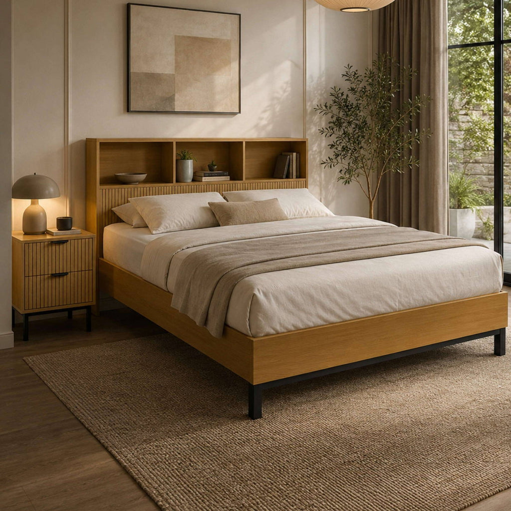 Sian Bookcase Oak Effect King Size Bed Frame in a bedroom