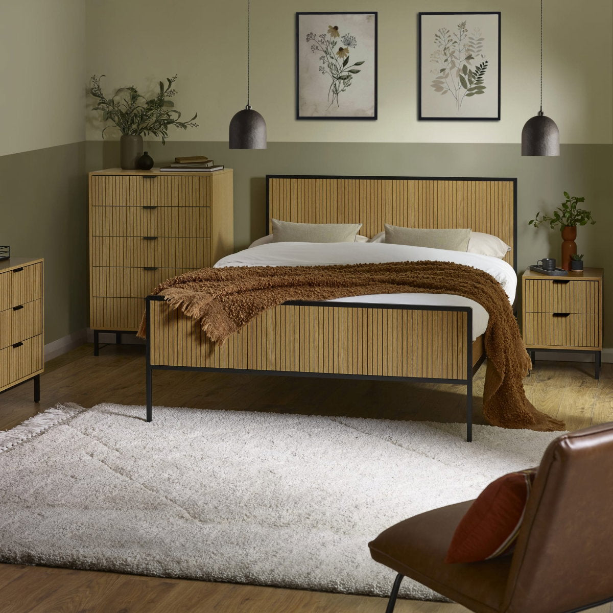 Sian Oak Effect King Size Bed Frame in a bedroom