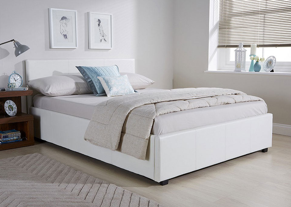 Side Lift Ottoman Storage King Size Bed Frame White Faux Leather