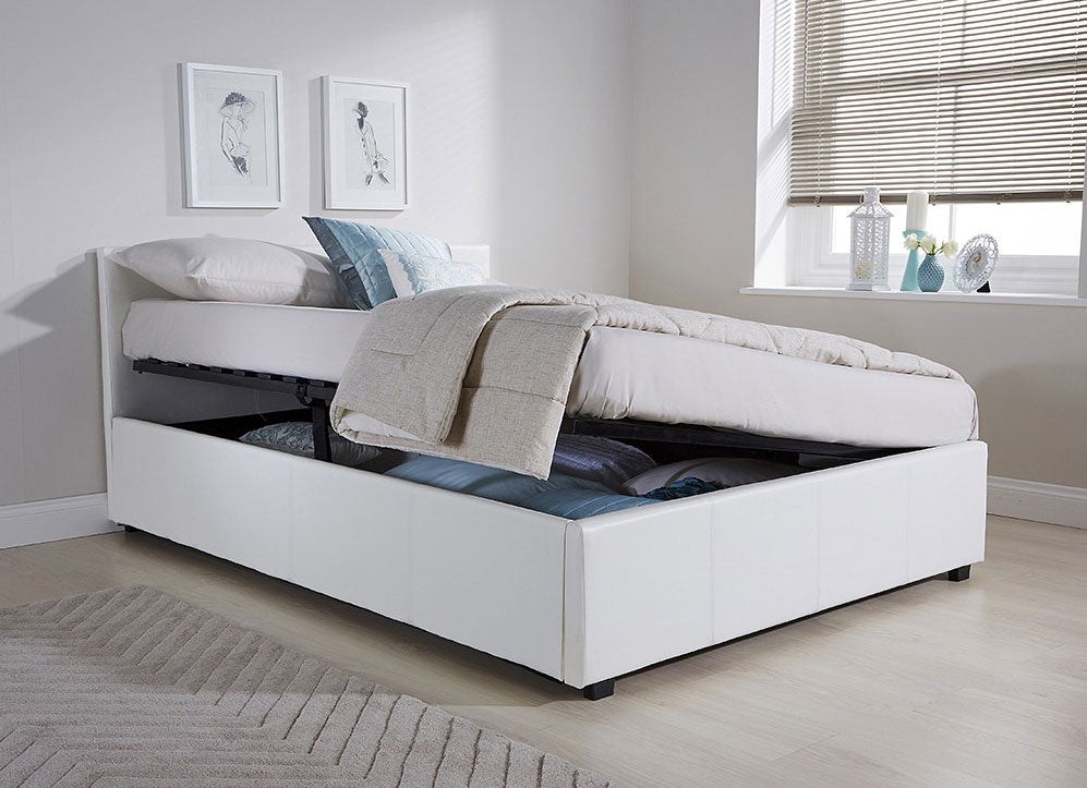 Side Lift Ottoman Storage King Size Bed Frame White Faux Leather
