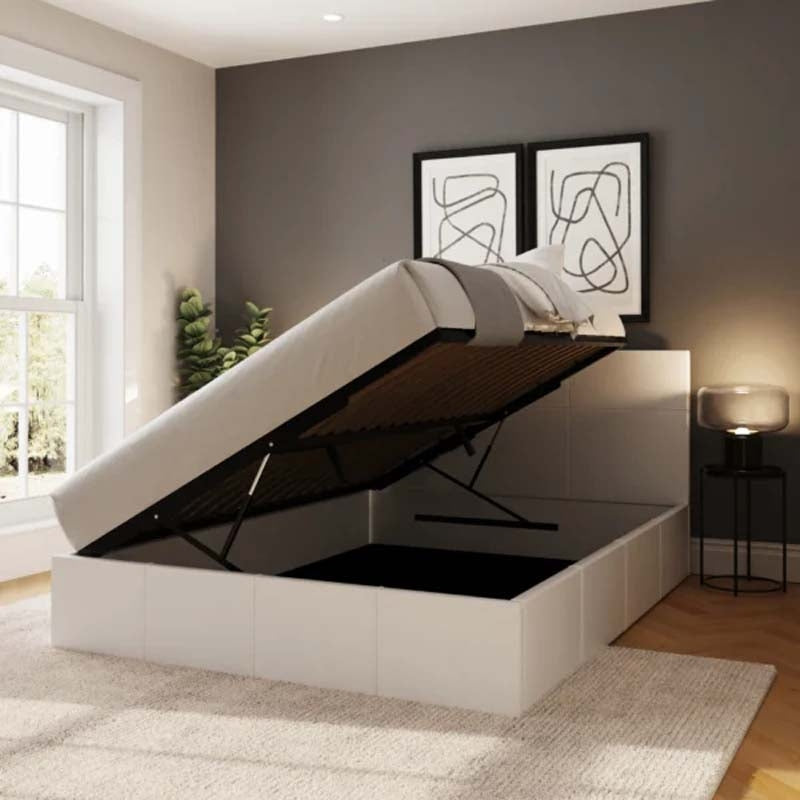 Side Lift Ottoman Storage Double Bed Frame In White Faux Leather