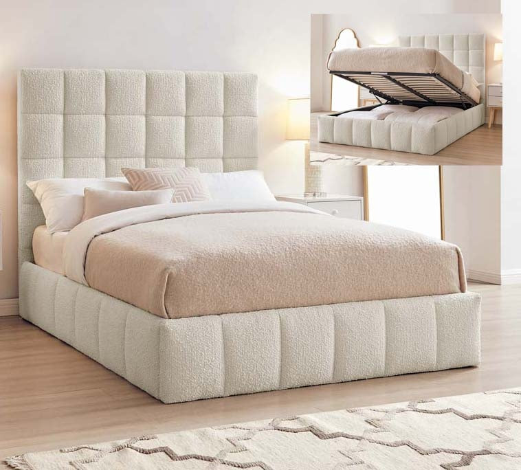 Square Ivory Boucle Double Ottoman Bed Frame