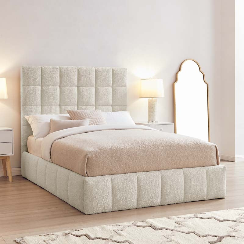 Square Ivory Boucle Double Ottoman Bed Frame