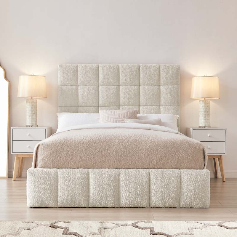 Square Ivory Boucle Double Ottoman Bed Frame