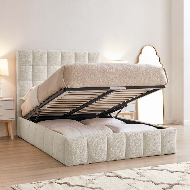 Square Ivory Boucle Double Ottoman Bed Frame