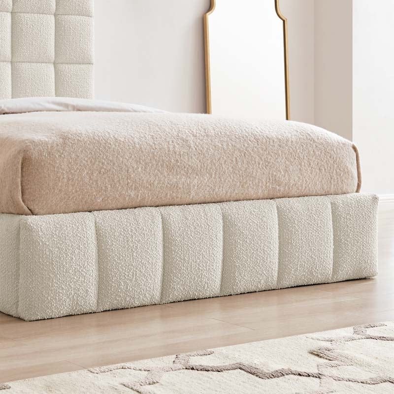 Square Ivory Boucle Double Ottoman Bed Frame