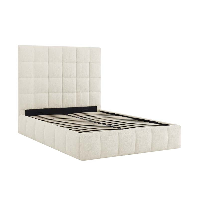 Square Ivory Boucle Double Ottoman Bed Frame