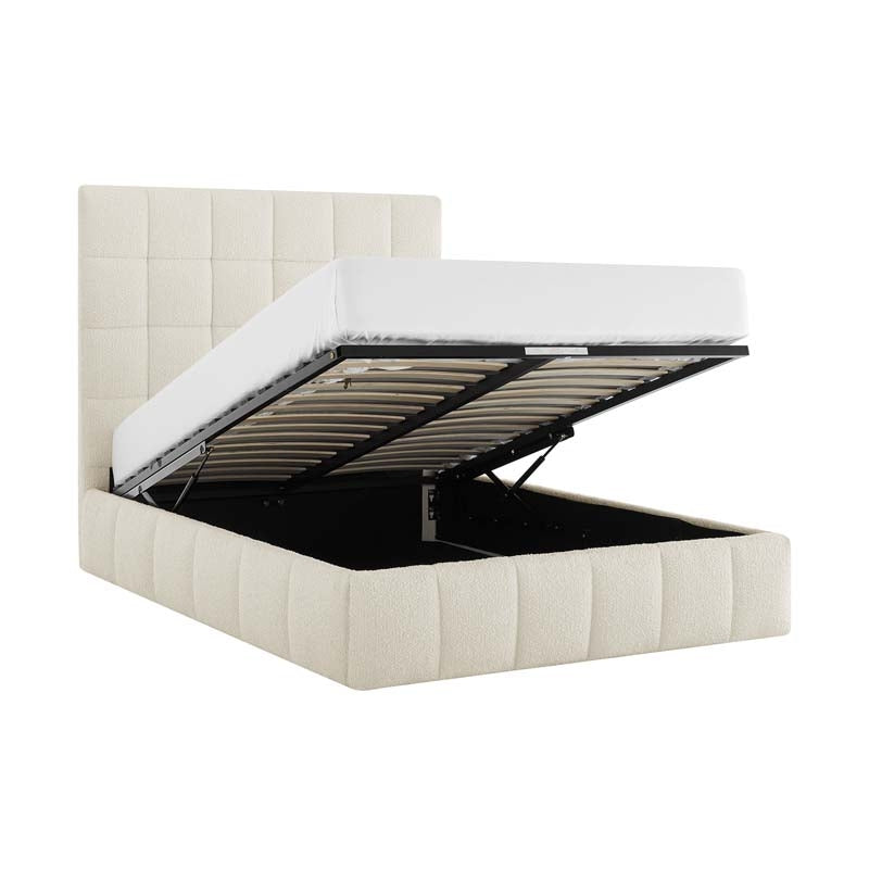 Square Ivory Boucle Double Ottoman Bed Frame