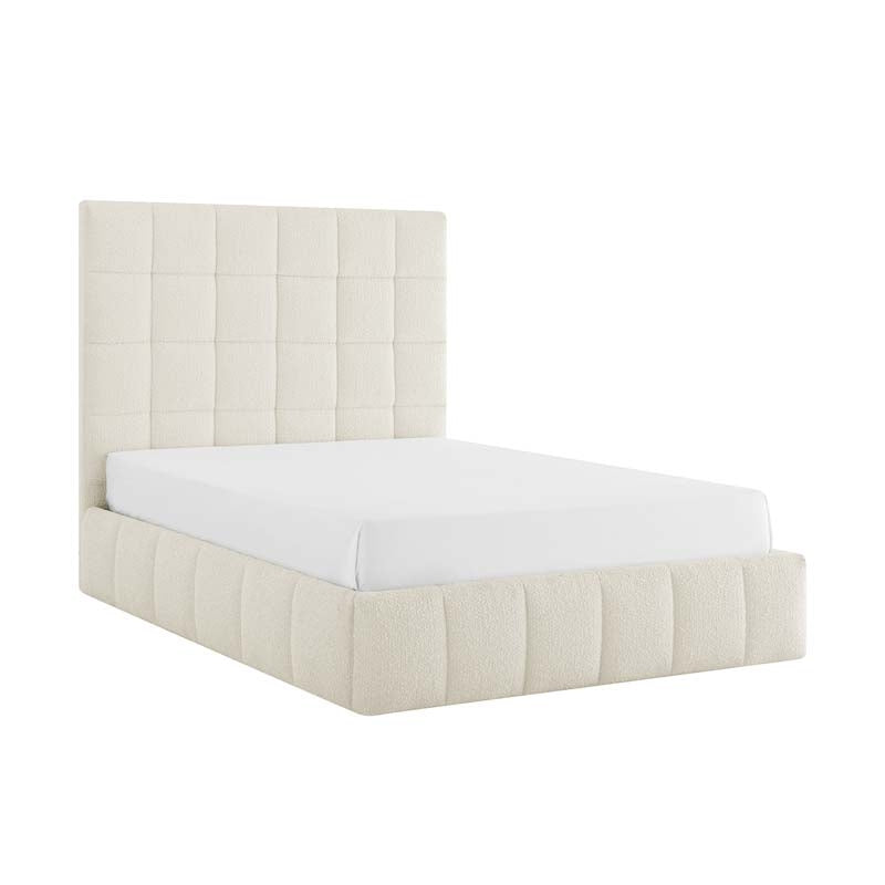 Square Ivory Boucle Double Ottoman Bed Frame