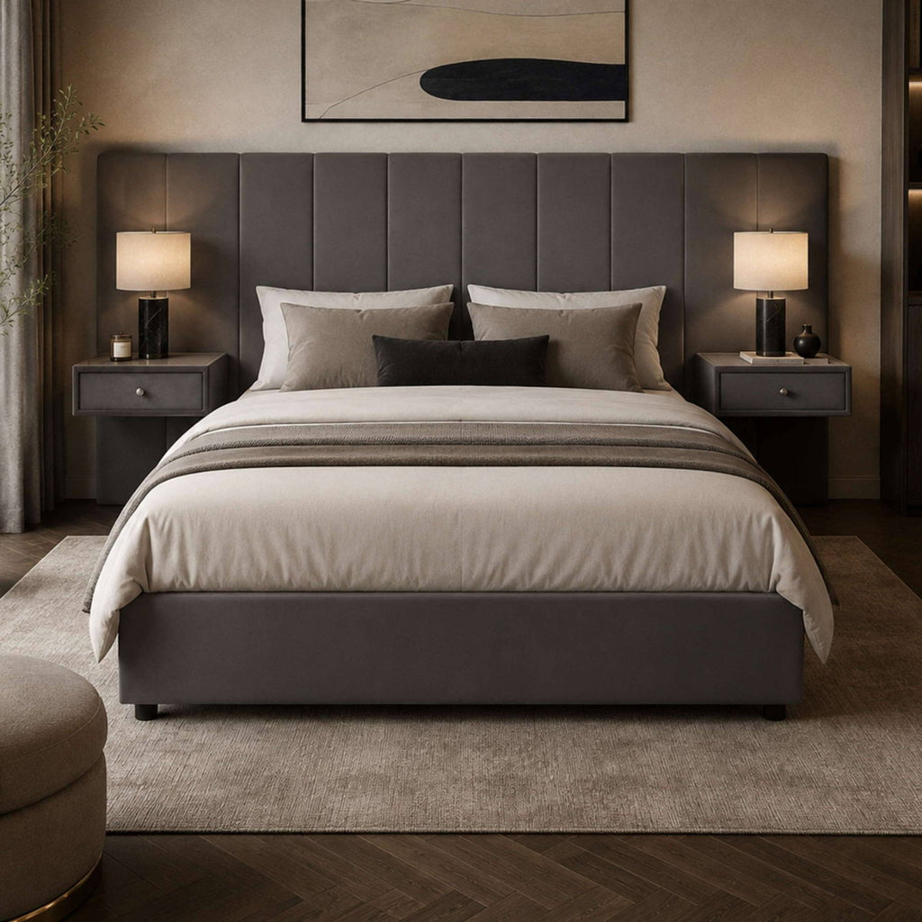Super Luxe Grey Velvet Super King Bed in a bedroom