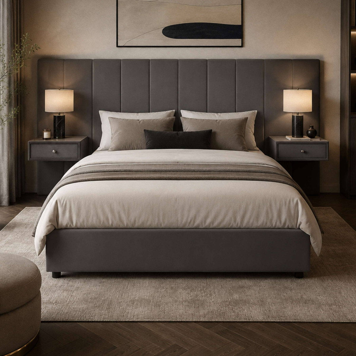 Super Luxe Grey Velvet Super King Bed in a bedroom