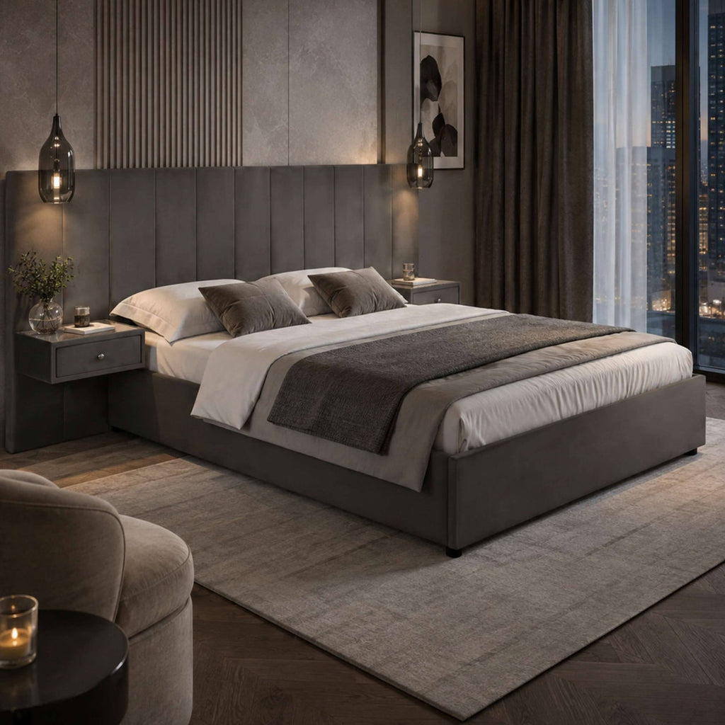 Super Luxe Grey Velvet Super King Bed room setting
