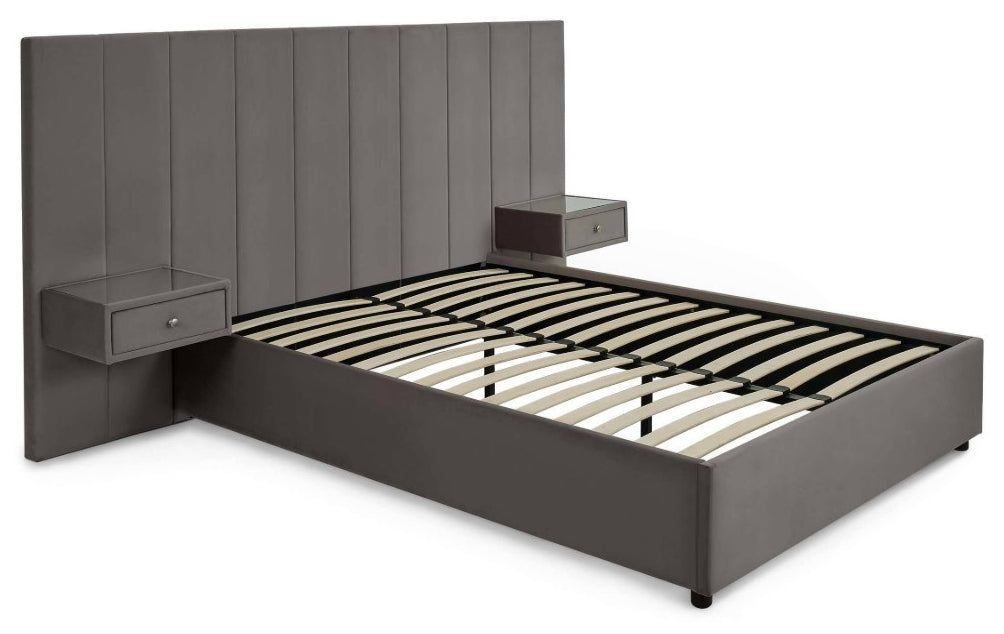 Super Luxe Grey Velvet Super King Bed with bedding