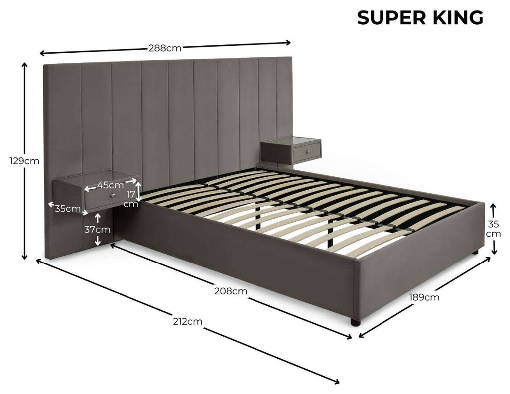Super Luxe Grey Velvet Super King Bed side view