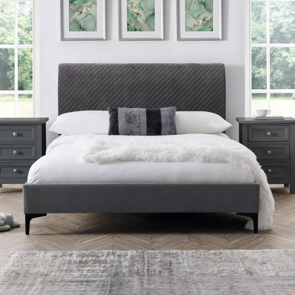 Triple Diamond Grey Velvet King Size Bed Frame in a bedroom