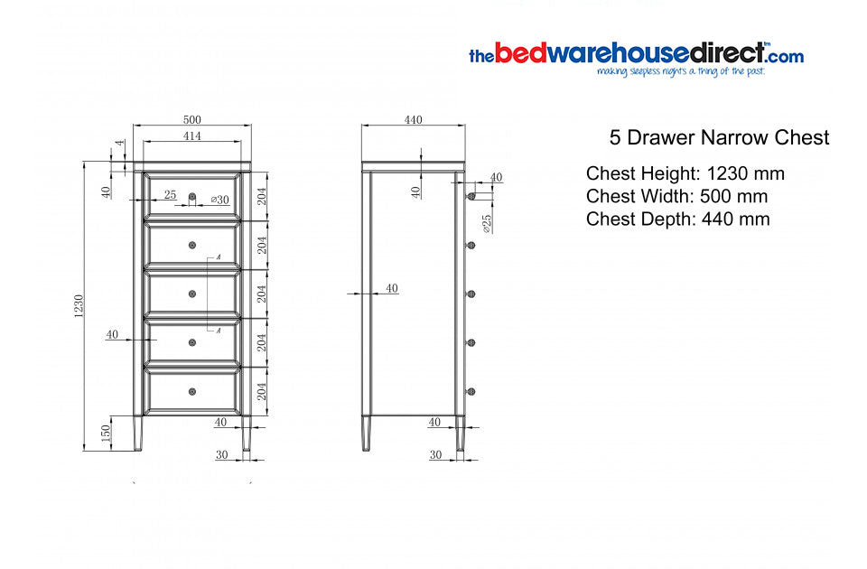 Valencia Plus 5 Drawer Narrow Mirror Chest